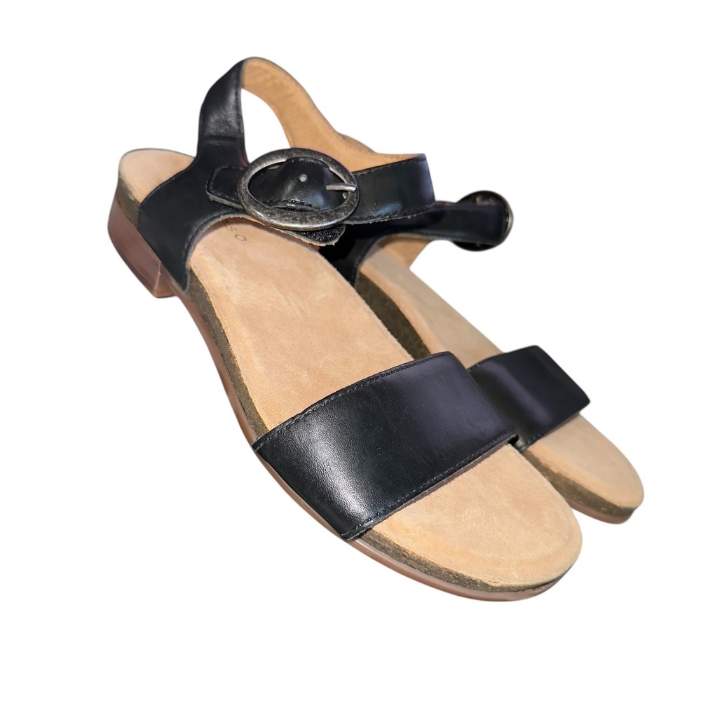 Brioso Womens 7.5‎ Rancho Black Leather Sandals Flat Strappy Summer Shoes